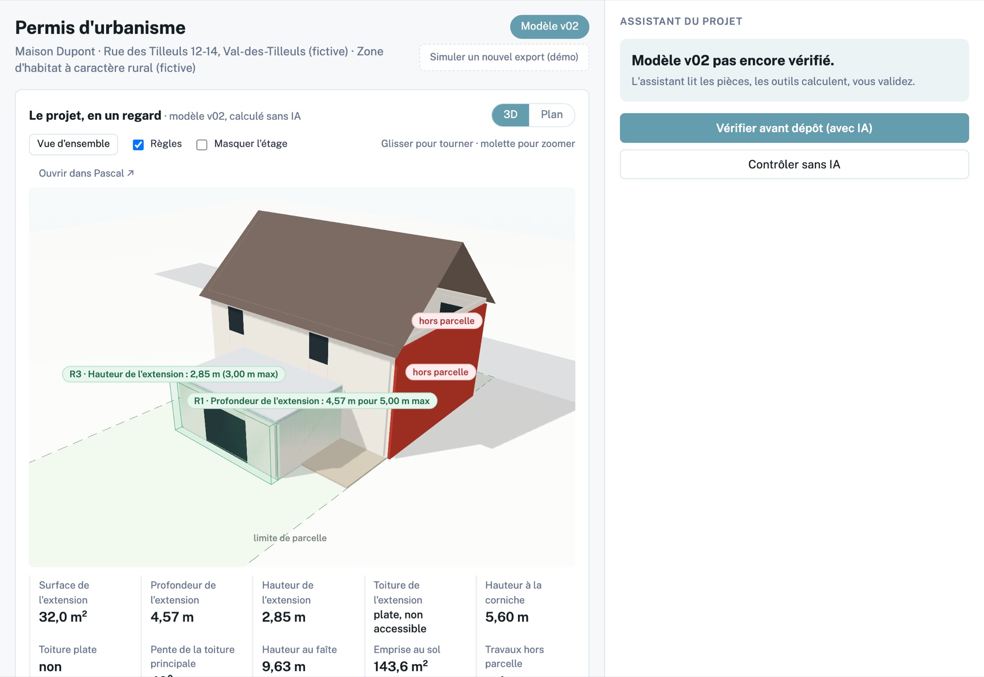 Page Permis d'urbanisme d'un projet fictif : maquette 3D avec les règles posées sur l'extension, et l'assistant du projet